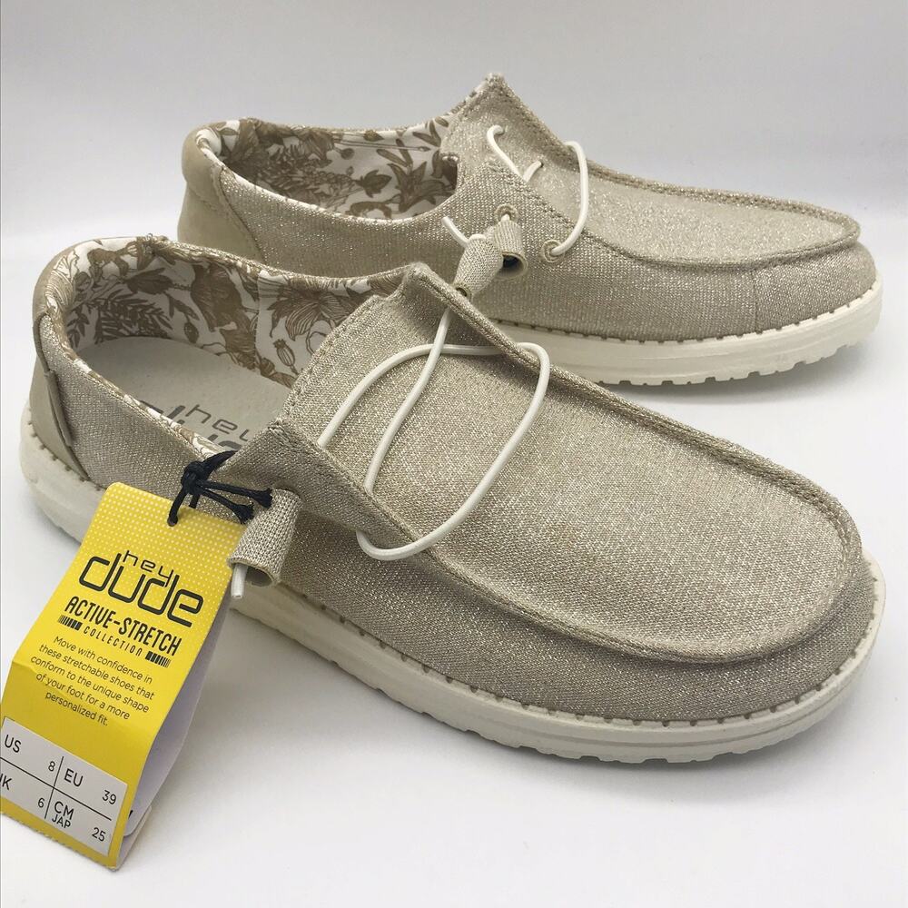 Hey Dude Women 8 Wendy Sparkling Beige Slip On Loafers Stretch Metallic